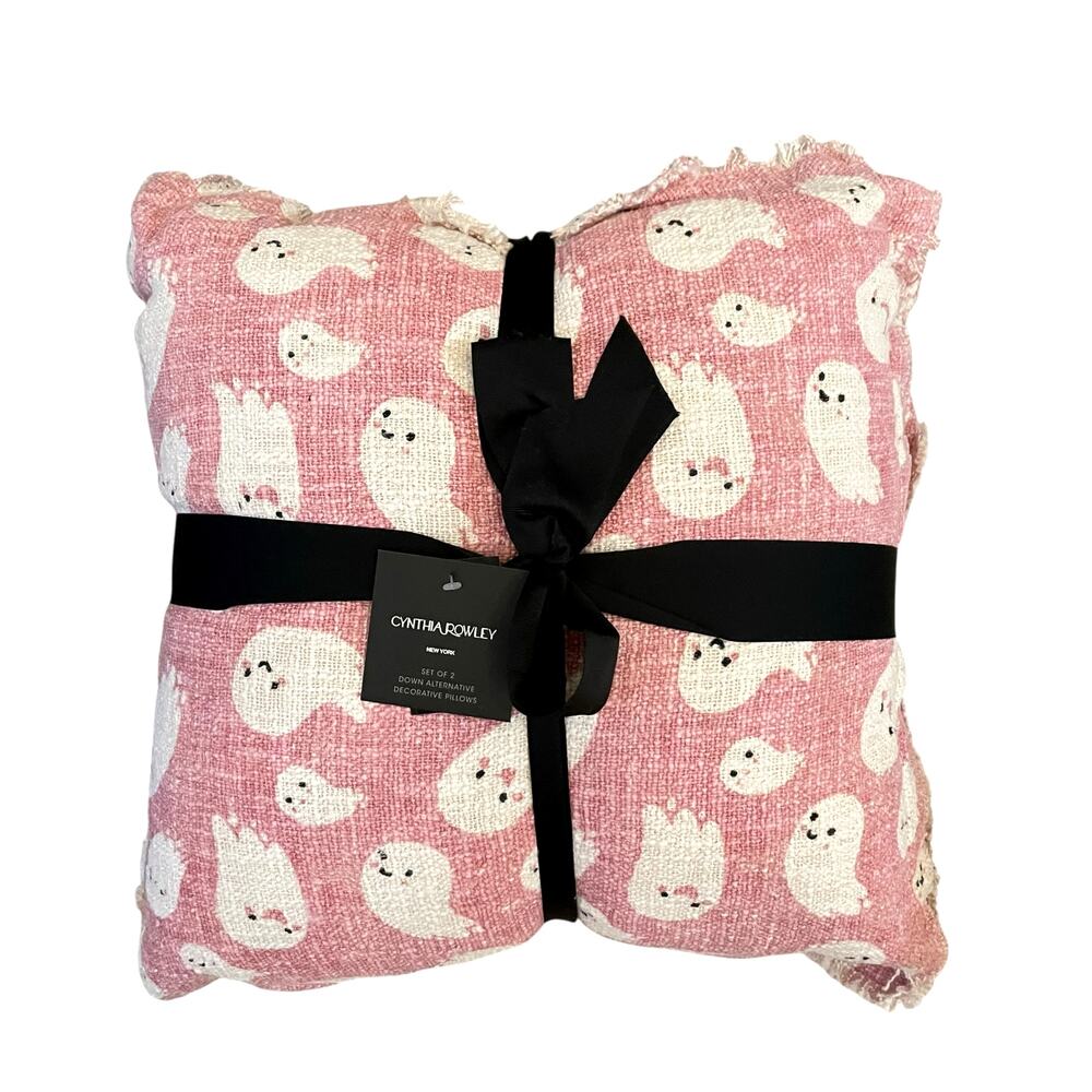 Cynthia Rowley Pink Ghost Halloween Pillows 20x20 Set of 2 Textured Fringed NEW